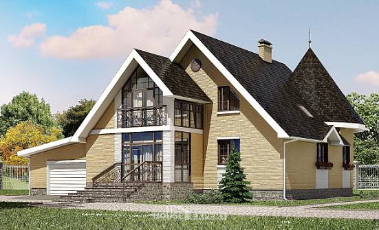 250-001-Л Проект двухэтажного дома с мансардой и гаражом, уютный домик из бризолита Сочи | Проекты домов от House Expert